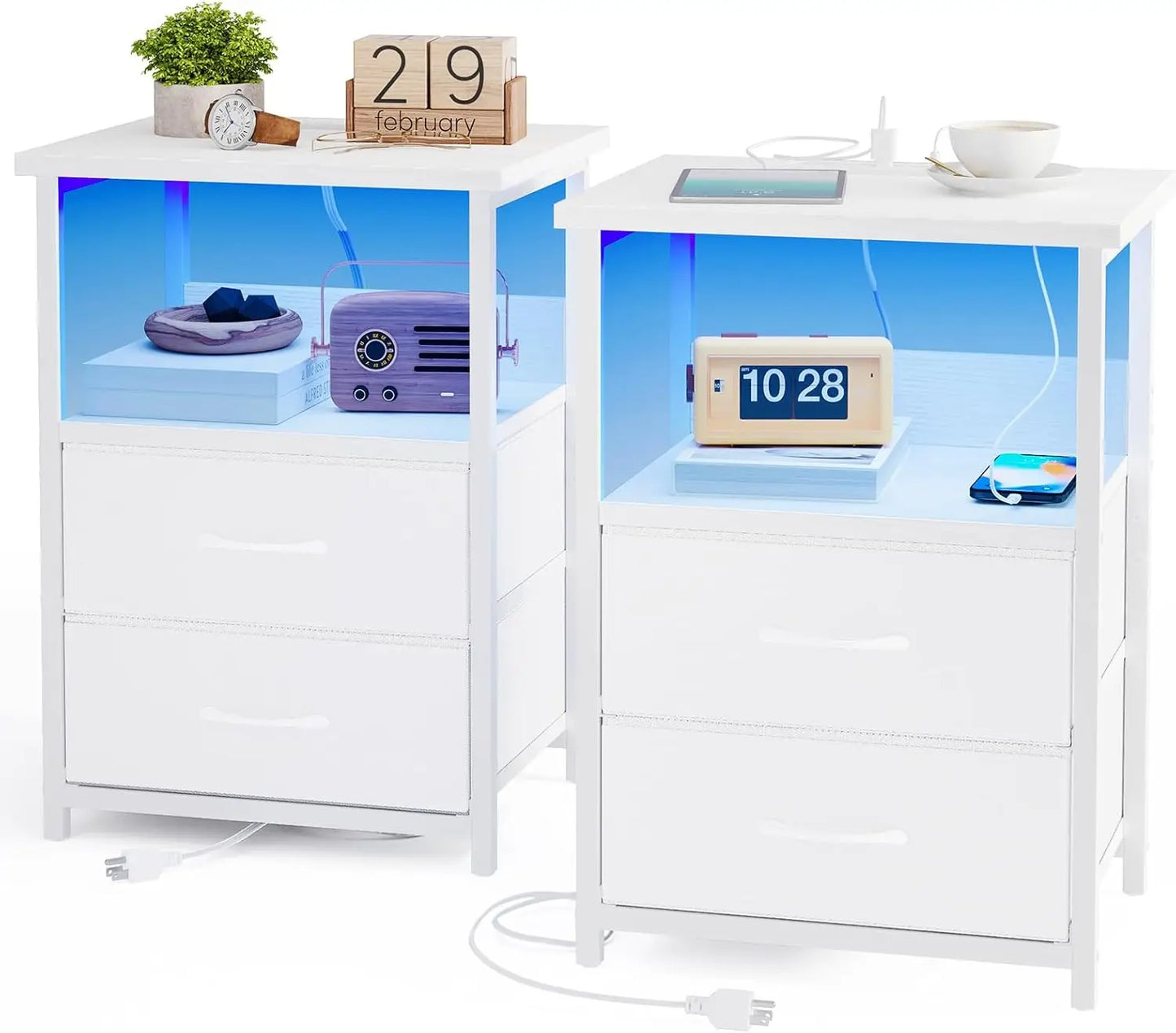 Modern Nightstand Set With Charging Station And LED Lighting