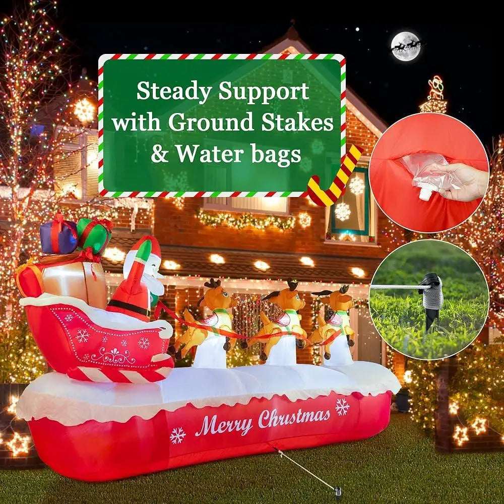 10FT Inflatable Santa Claus Sleigh with Elk LED Lights Outdoor Christmas Decorations Yard Holiday Display