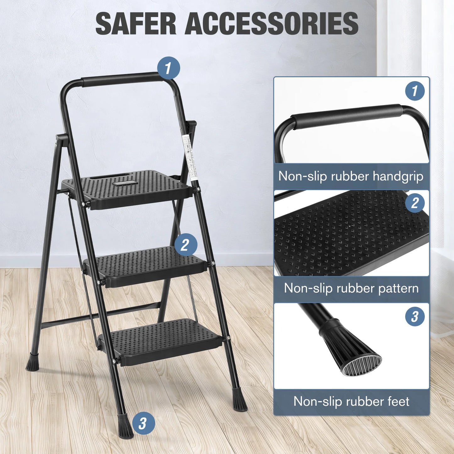 Folding Step Ladder Stool With Anti Slip Pedals Sturdy Steel
