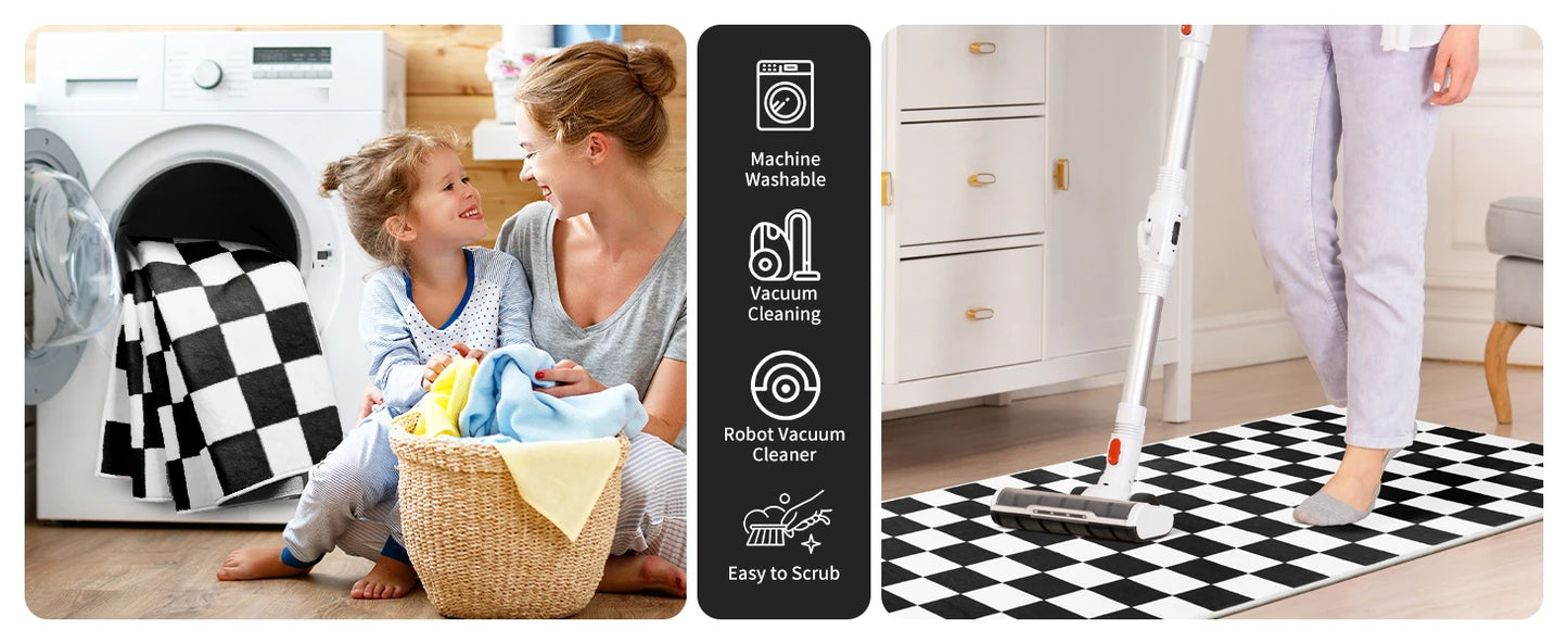 Checkered Area Rug Washable Non Slip Low Pile Stain Resistant