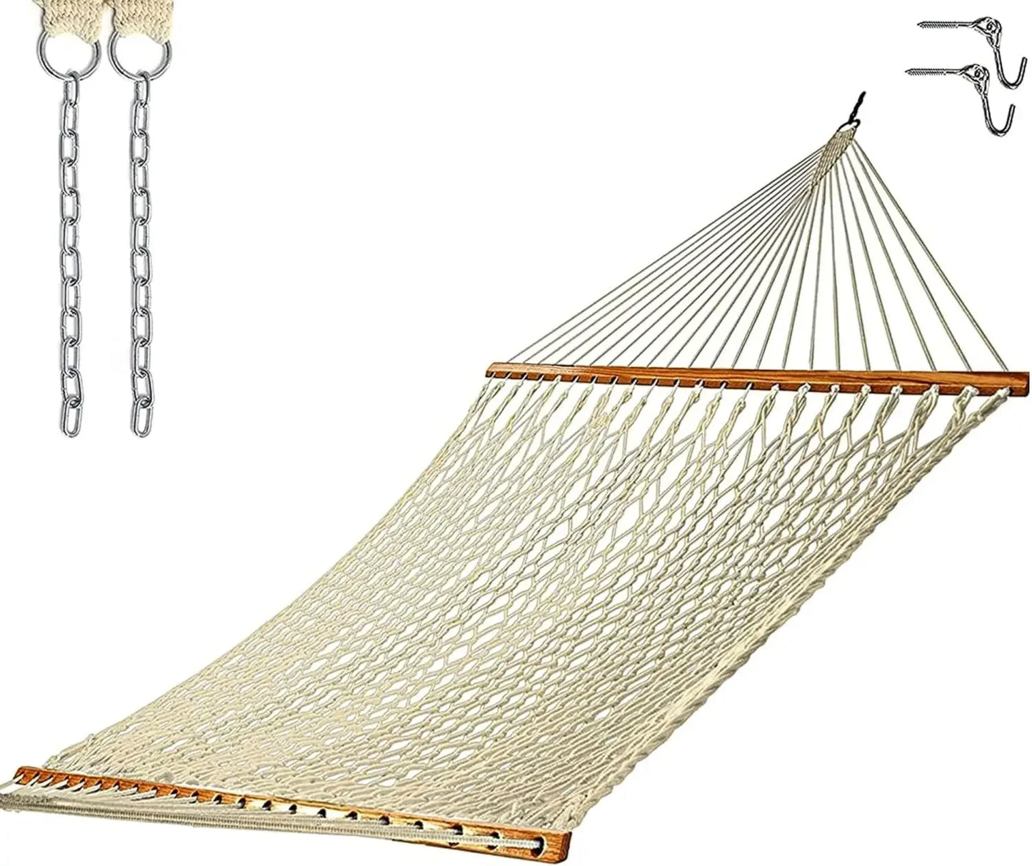 Castaway Living 13 ft. Double Traditional Hand Woven Cotton Rope Hammock with Free Extension Chains & Tree Hooks, Designed in Th