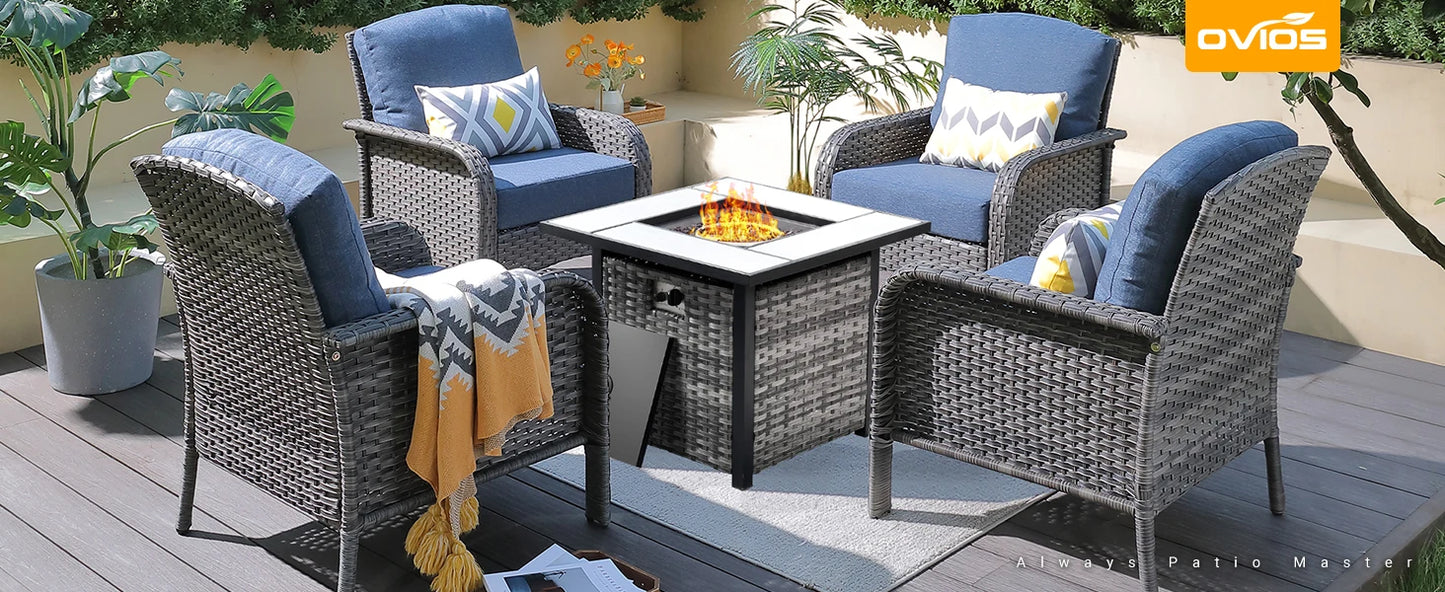 Outdoor Wicker Patio Set Fire Pit High Back Chairs