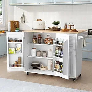Rolling Kitchen Island with Storage and Drop-Leaf Countertop