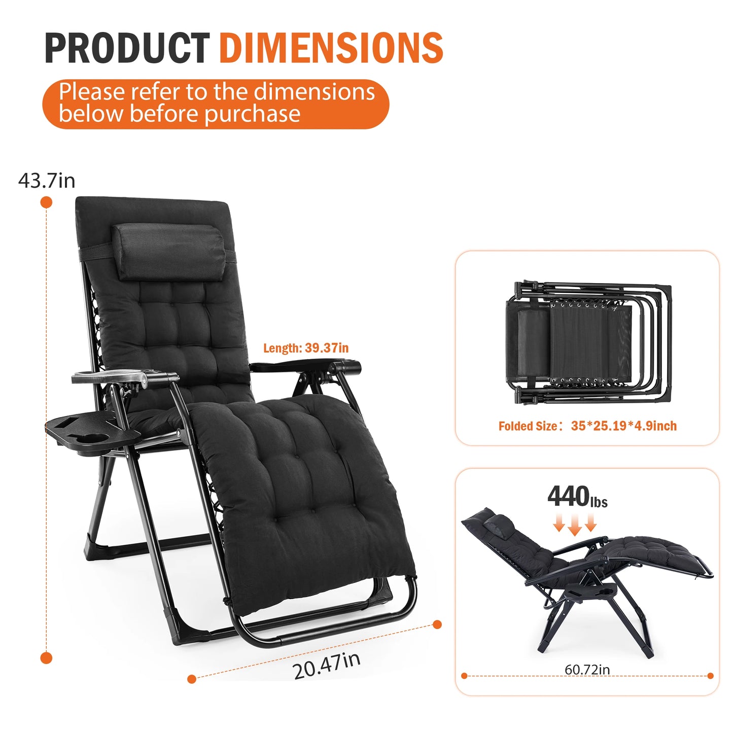 Zero Gravity Reclining Camping Lounge Chair With Cup Holder Trays