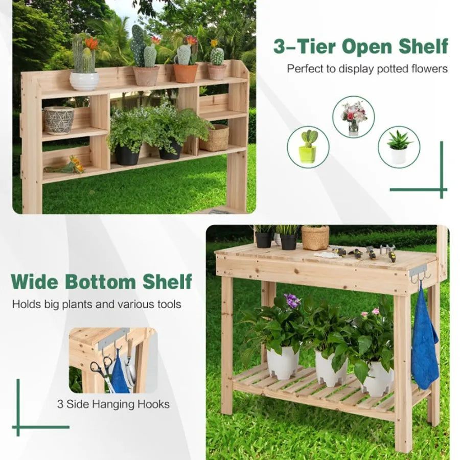 Garden Potting Bench with Display Rack and Hidden Sink