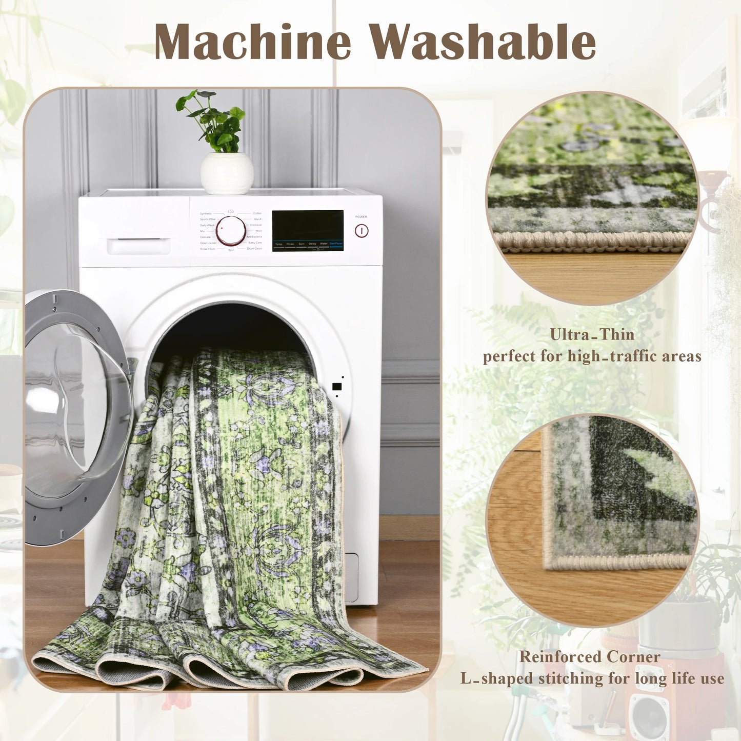 Machine Washable Vintage Non Slip Low Pile Area Rug