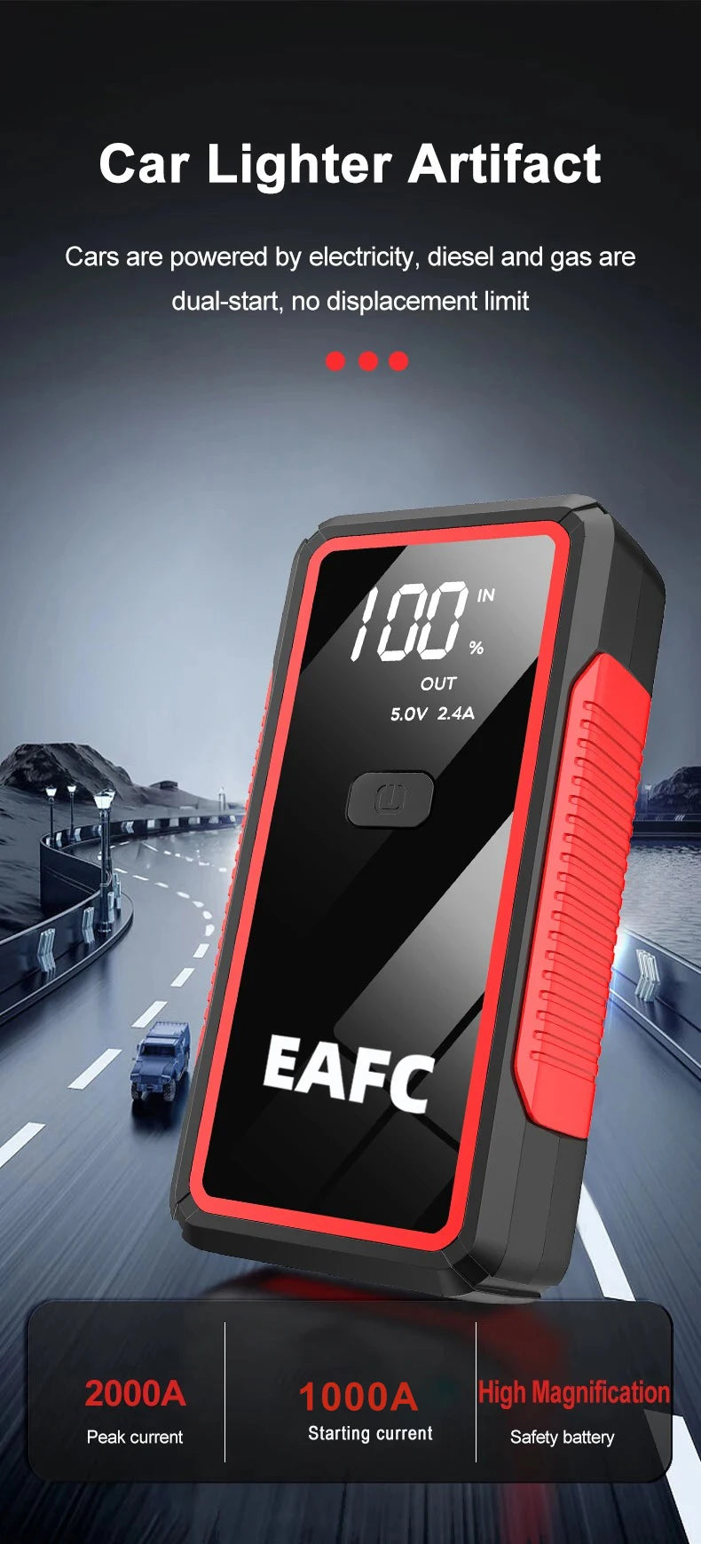 EAFC 2000A Car Jump Start Power Bank 12V Mini Emergency Starter Starter Battery Booster For 6L/4L Car Emergency Starter