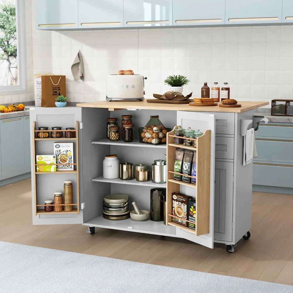 Rolling Kitchen Island with Storage and Drop-Leaf Countertop