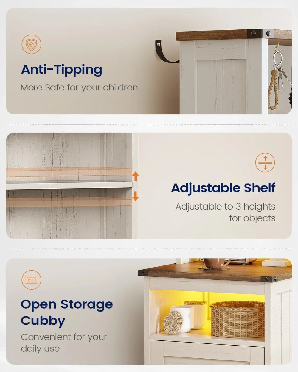 Farmhouse Nightstand Set With Charging Station And LED Lights