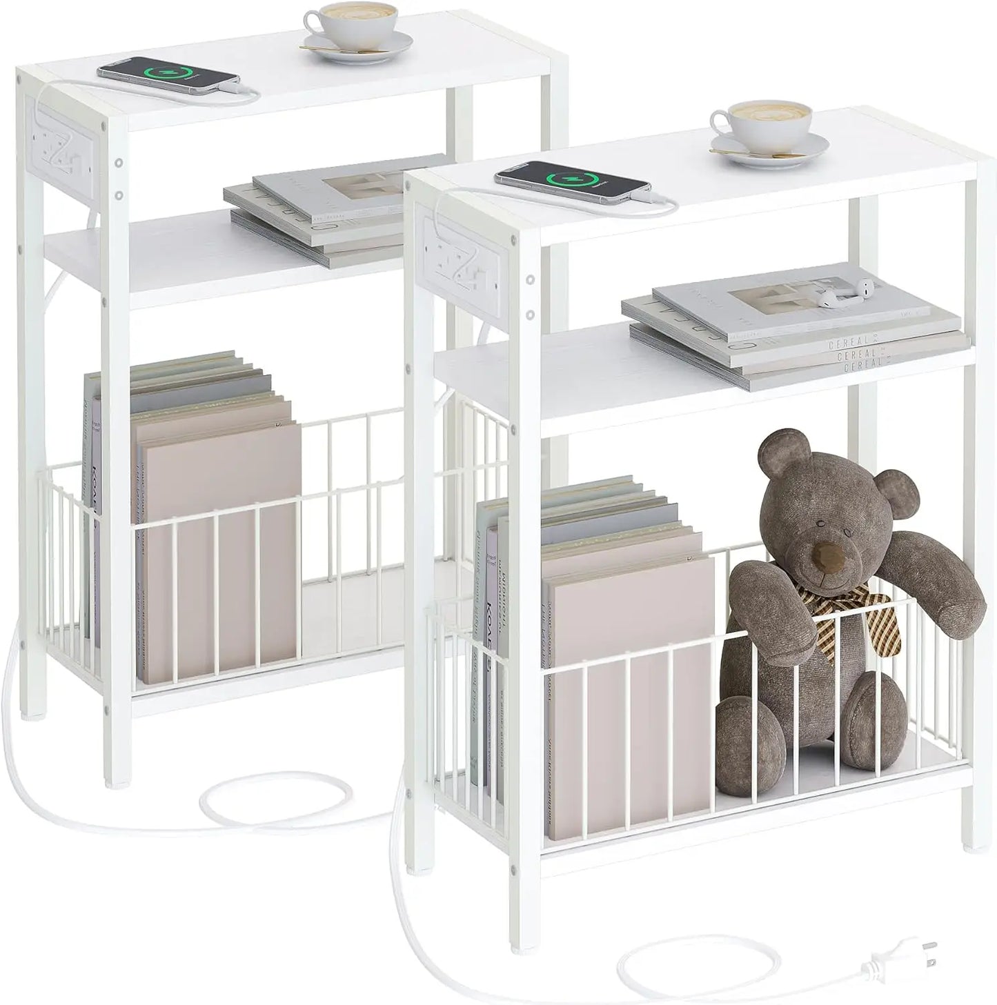 Narrow Side Table Set with Charging Station and Storage Basket