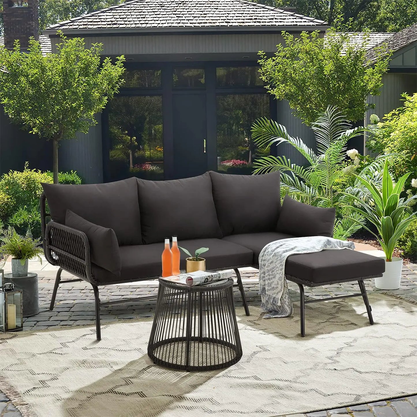 L Shaped Patio Sectional Sofa Set With Glass Coffee Table