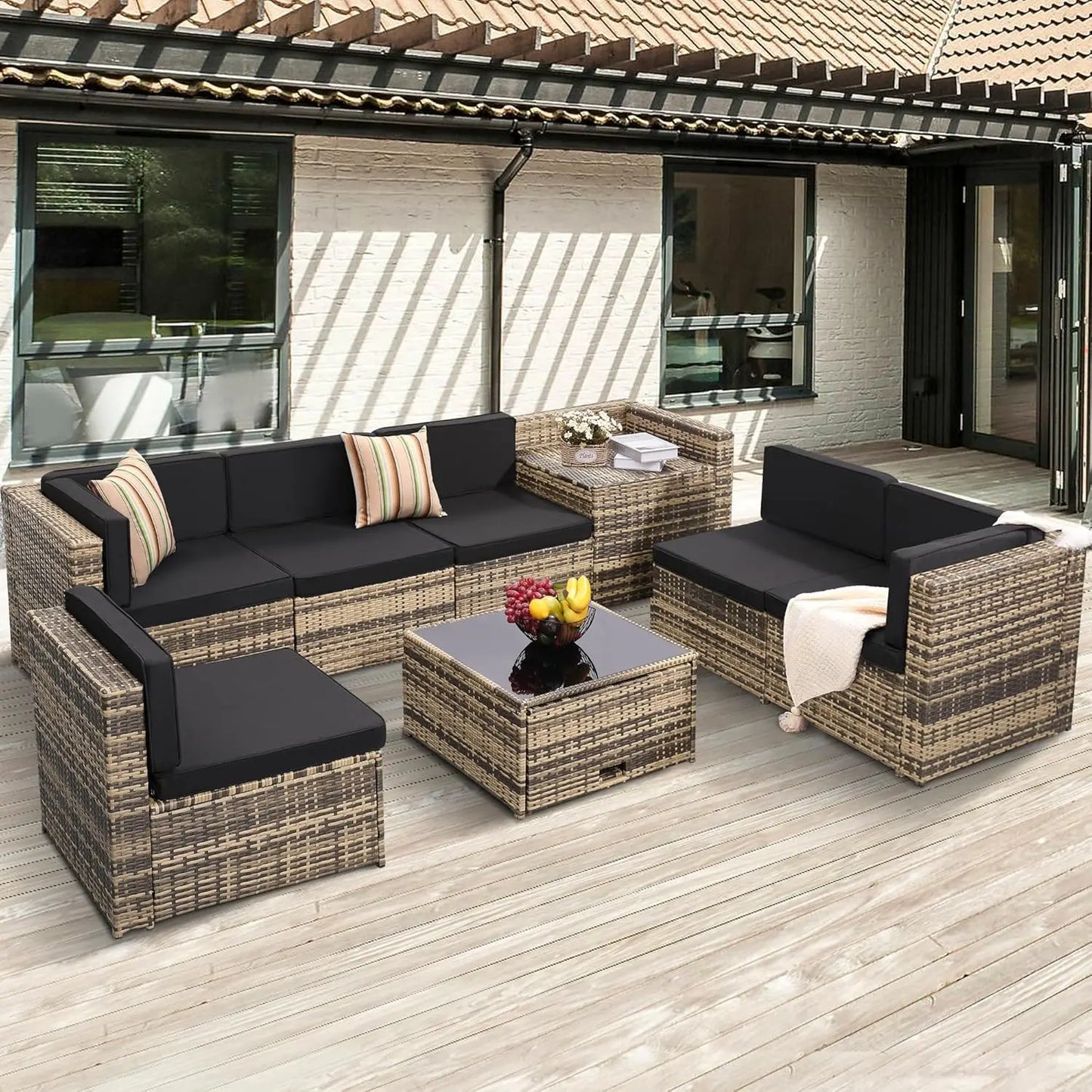 Outdoor Wicker Rattan Sectional Furniture Set with Glass Table