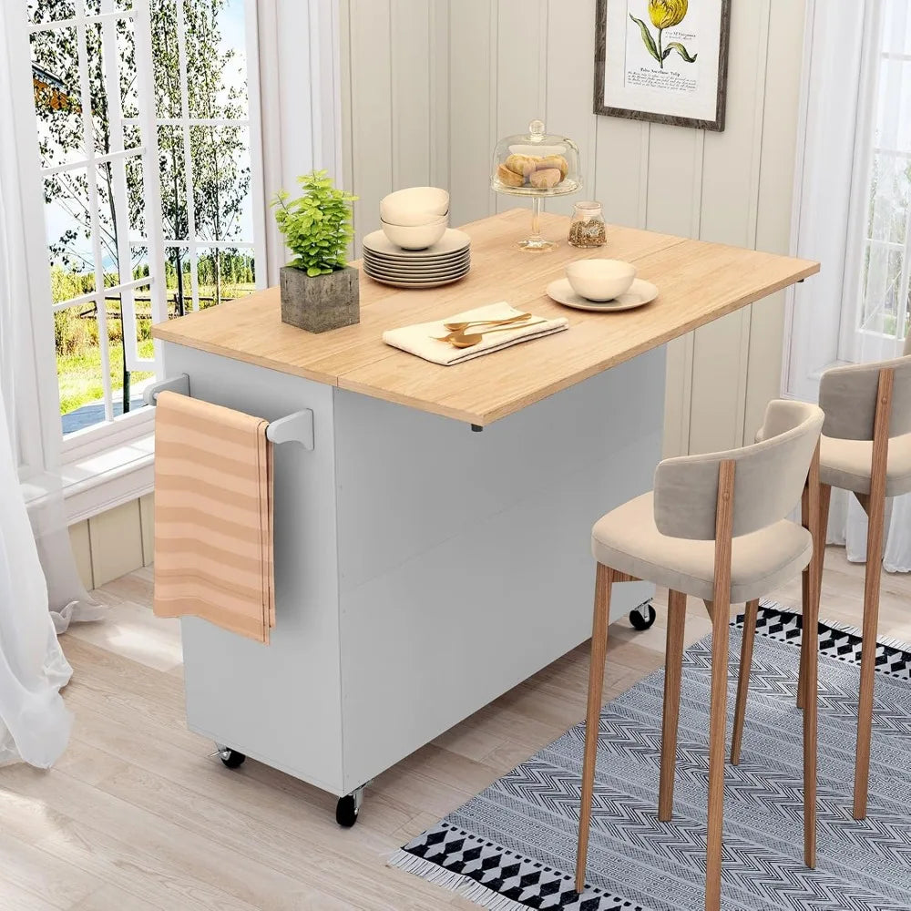 Rolling Kitchen Island with Storage and Drop-Leaf Countertop