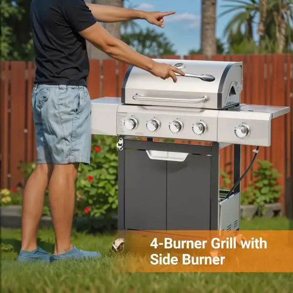 Stainless Steel Propane Grill with Side Burner for Outdoor Cooking