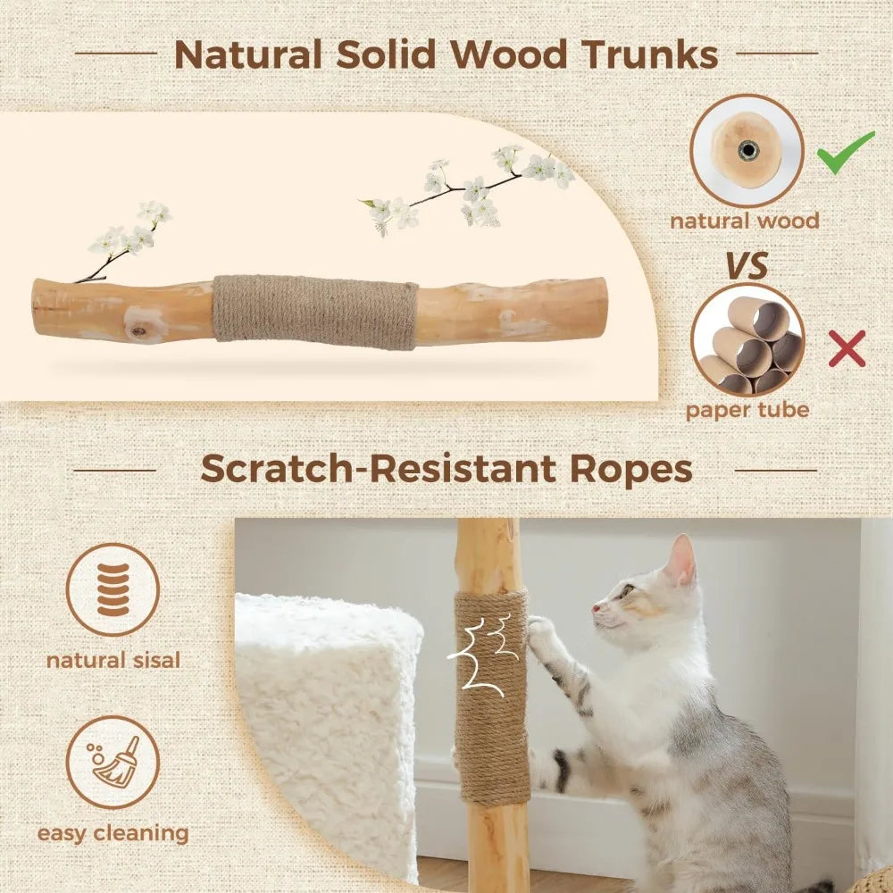 Modern Cat Tree with Natural Wood Scratching Post and Hammock