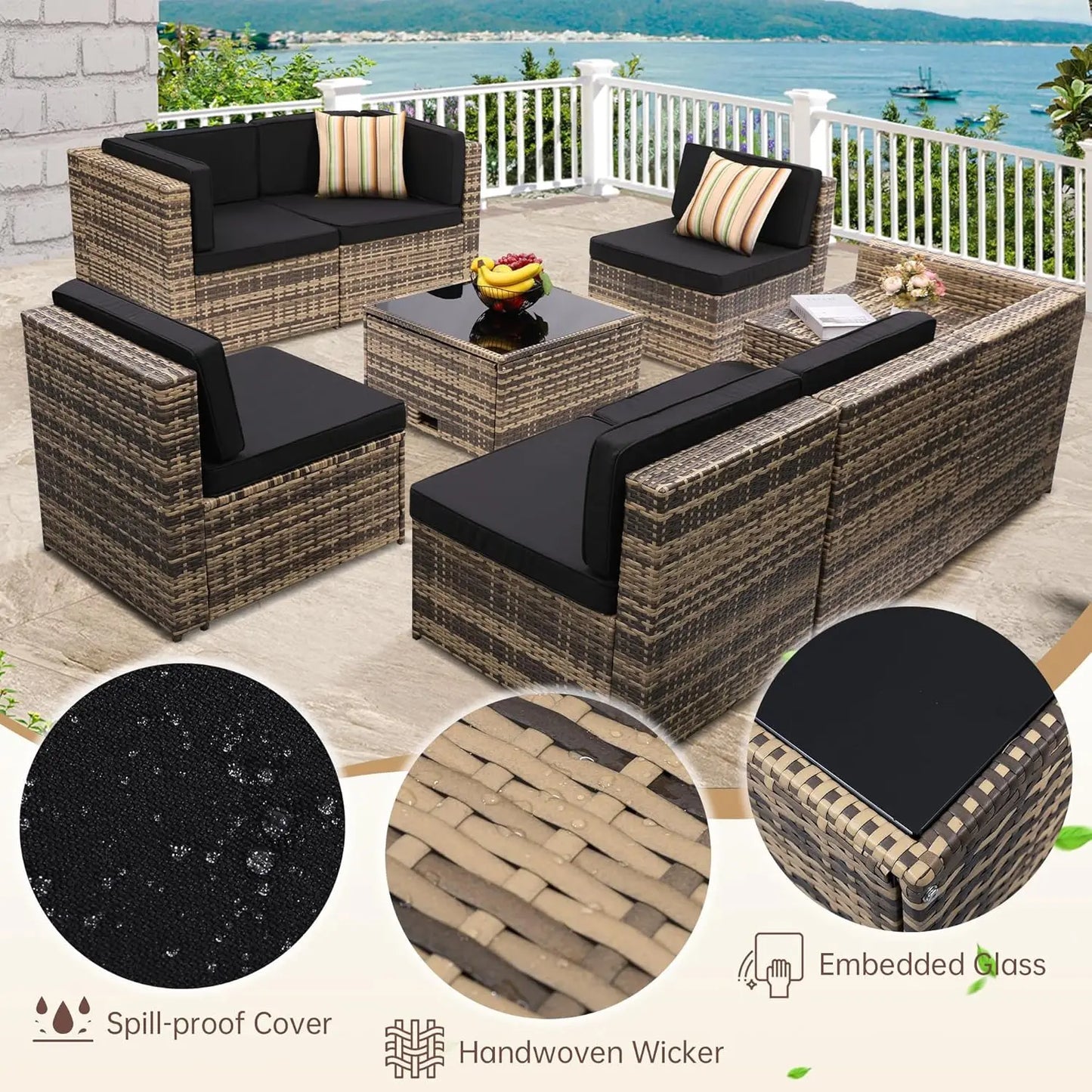Outdoor Wicker Rattan Sectional Furniture Set with Glass Table