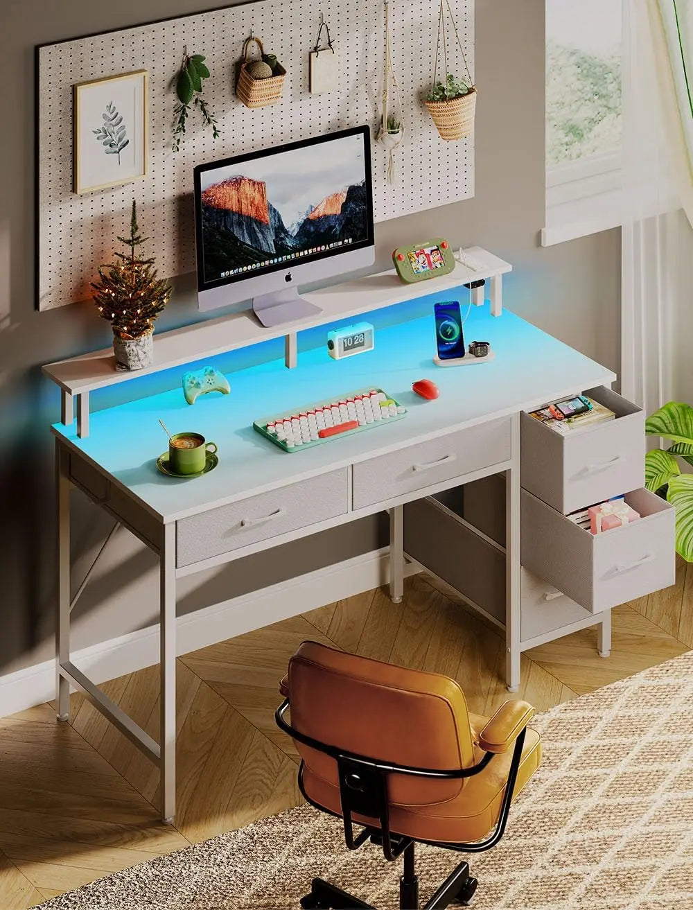 LED Computer Desk With Power Outlets Monitor Stand And Drawers