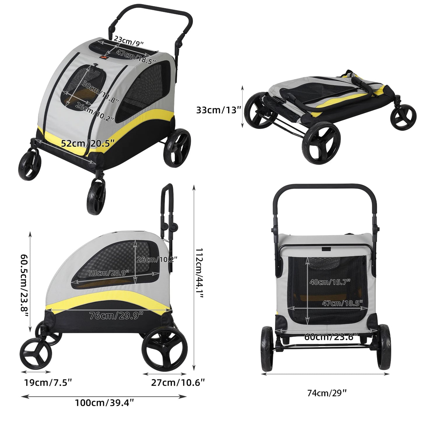 Ultra Large Dog Stroller Foldable 4 Wheels Pet Travel Cart