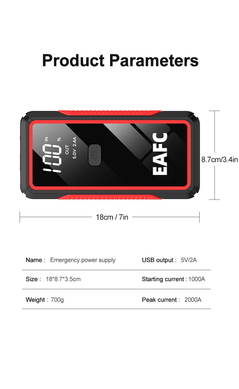 EAFC 2000A Car Jump Start Power Bank 12V Mini Emergency Starter Starter Battery Booster For 6L/4L Car Emergency Starter