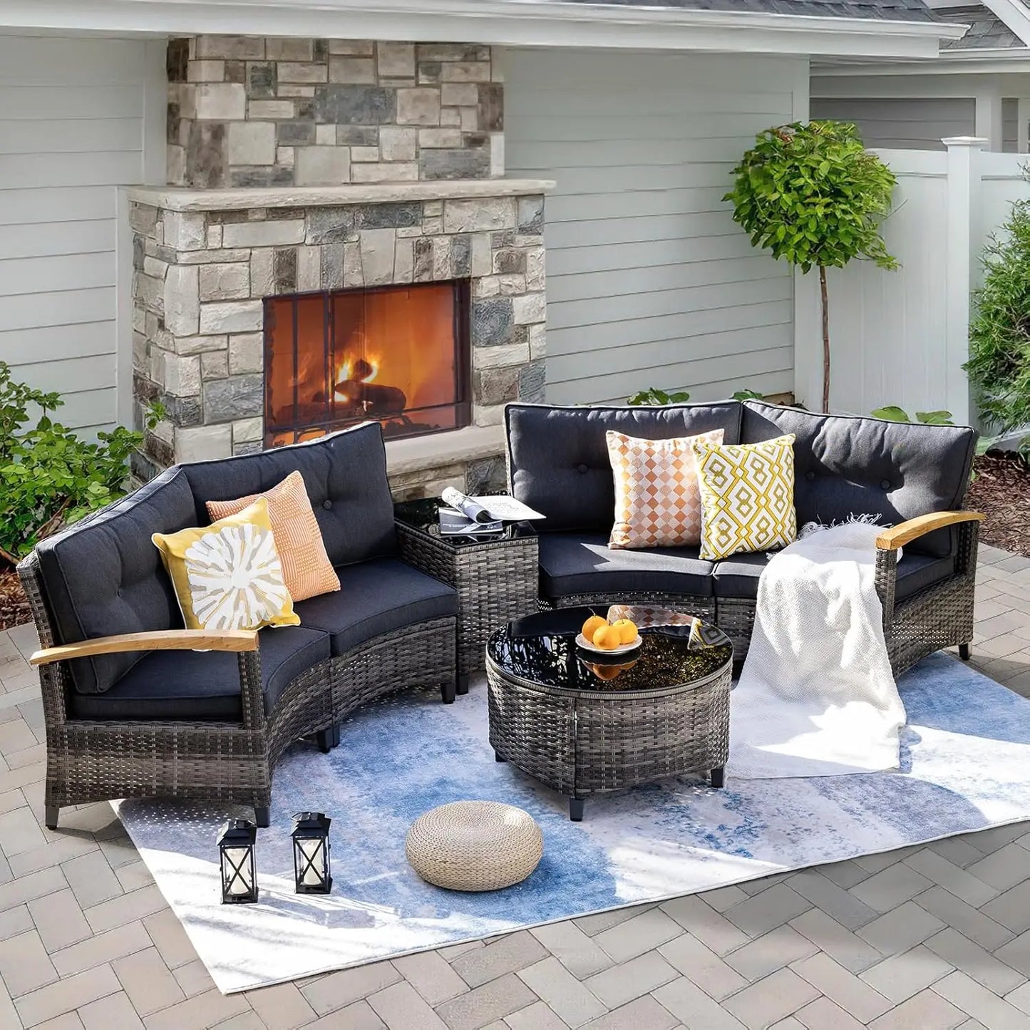 Stylish Half Moon Rattan Patio Conversation Furniture Set