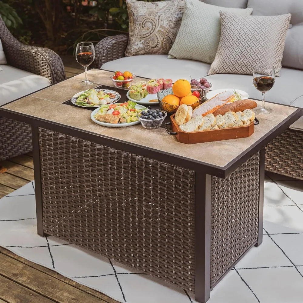 Propane Gas Fire Pit Table With Ceramic Top Rattan Frame