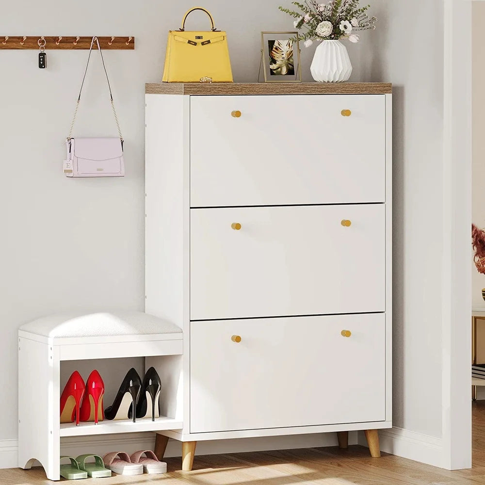Modern Flip Drawer Shoe Cabinet With Bench And Adjustable Storage