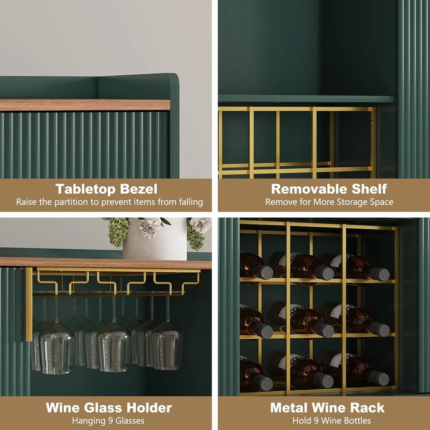 Modern Fluted Wood Wine Bar Cabinet With Glass Holder