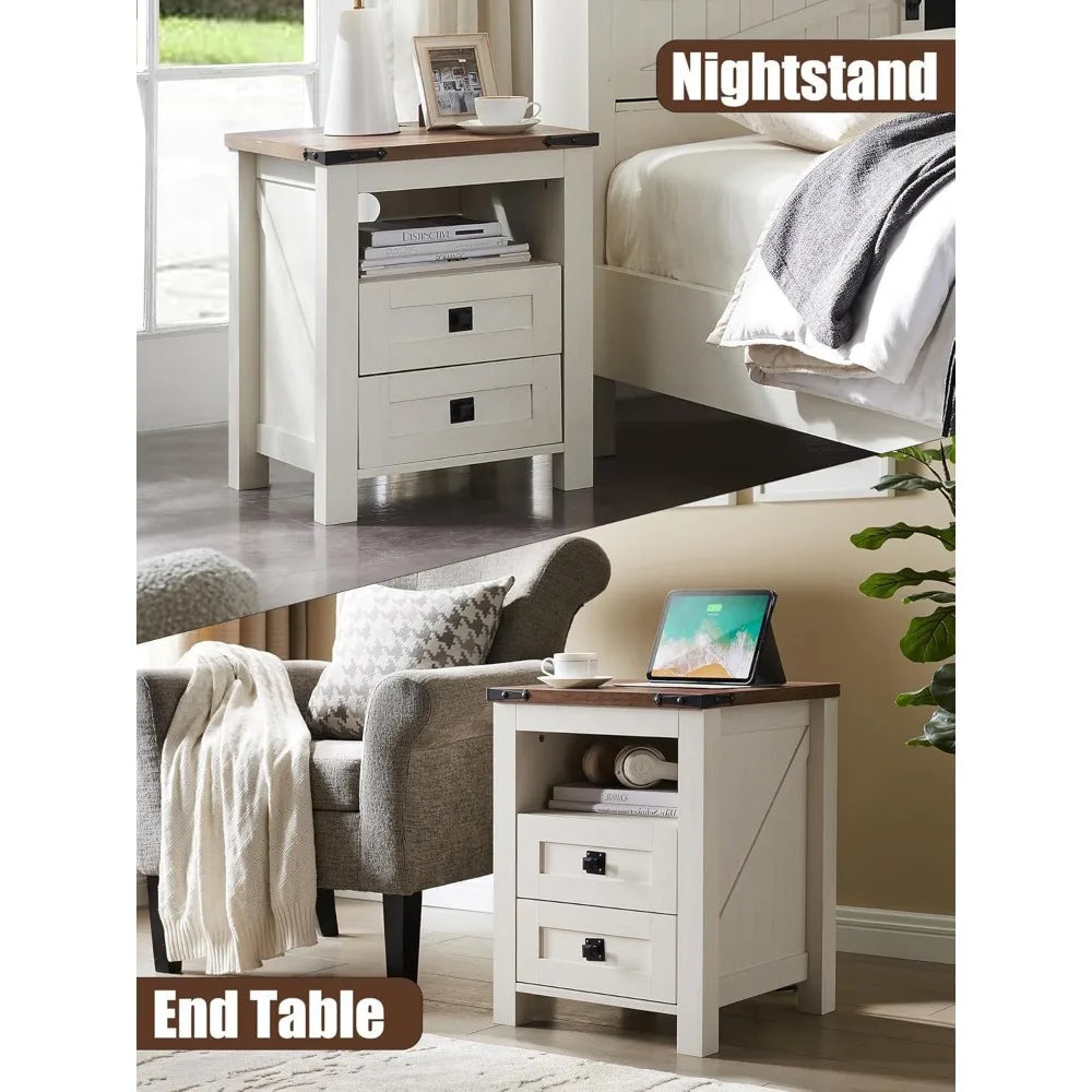 Rustic Farmhouse Nightstand Set with Charging Station and Storage