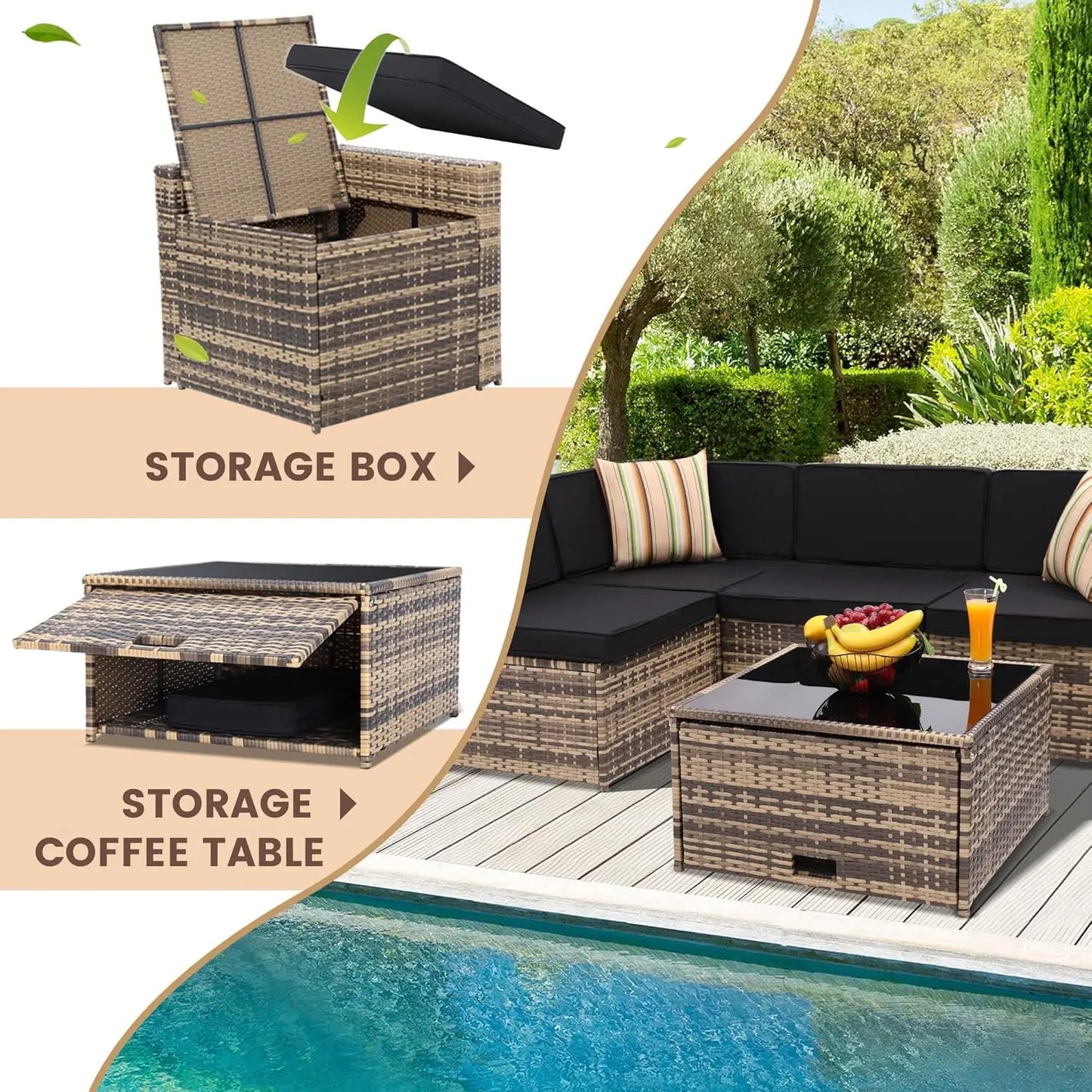 Outdoor Wicker Rattan Sectional Furniture Set with Glass Table