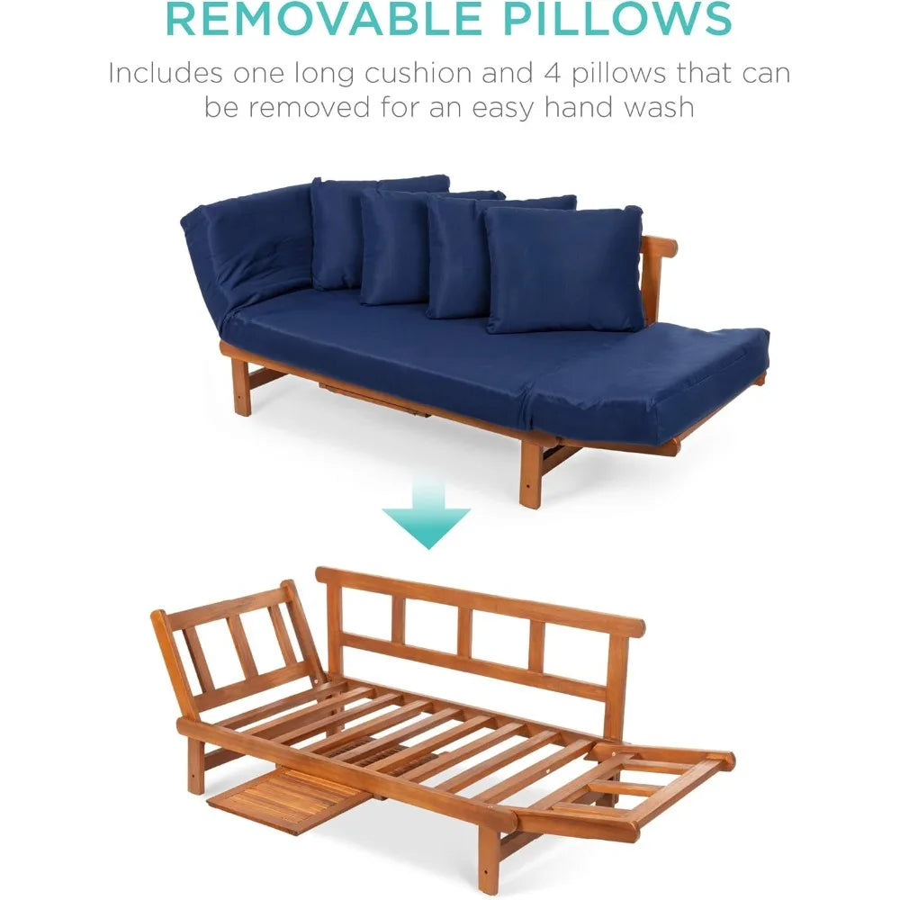 Outdoor Convertible Acacia Wood Futon Sofa With Pullout Tray