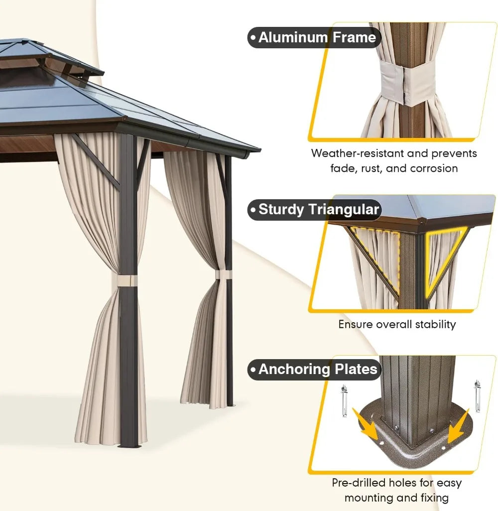 Hard Top Polycarbonate Gazebo With Double Roof And Curtains