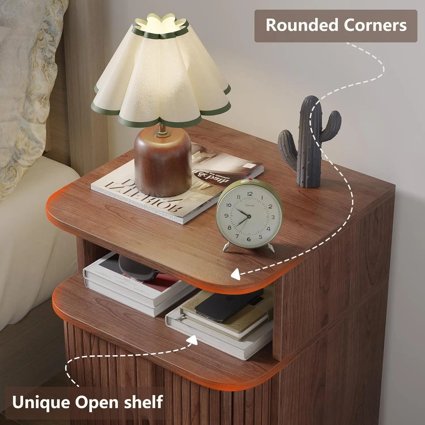 Mid Century Modern Fluted Nightstand with Sliding Tambour Doors