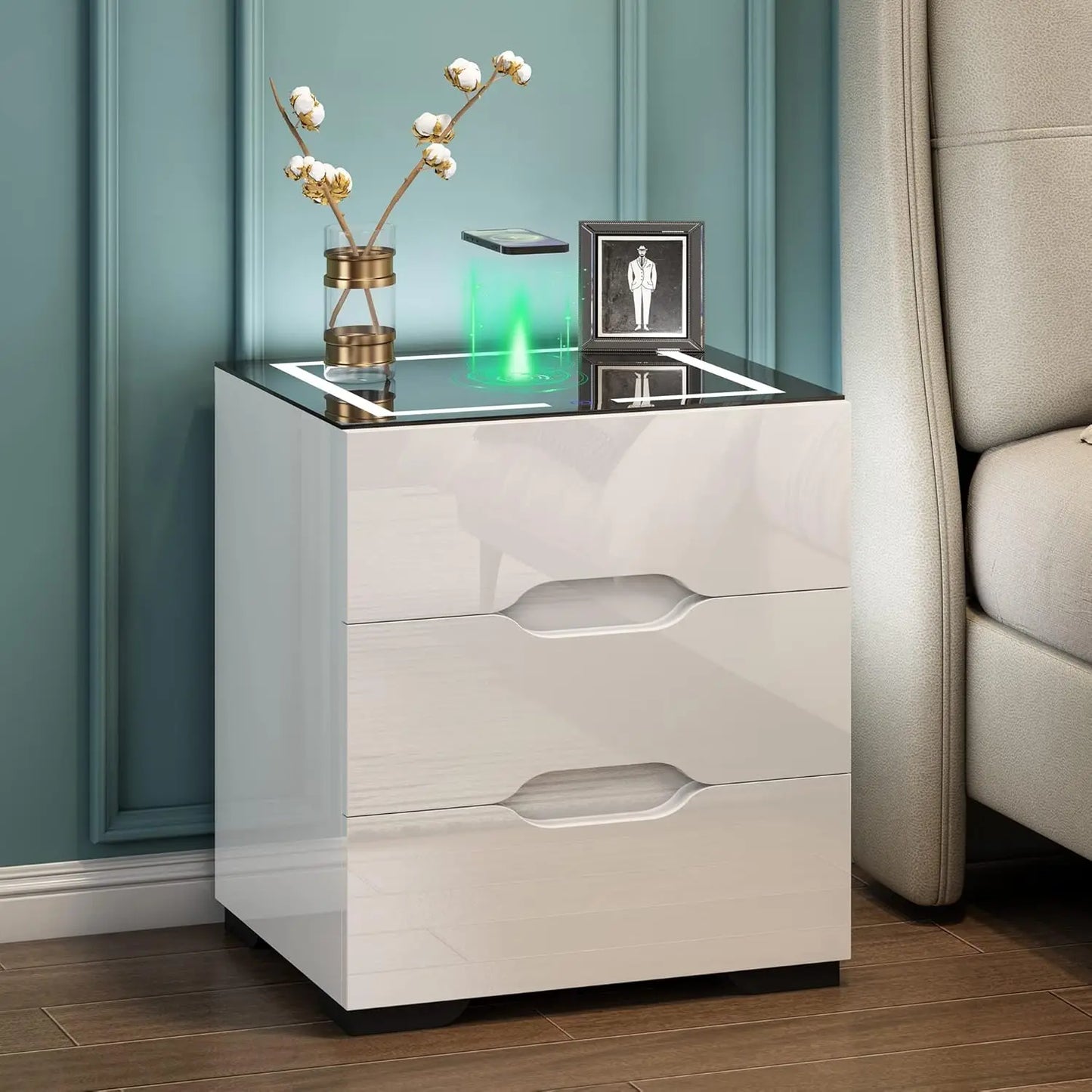 Smart Nightstand With Wireless Charger Adjustable LED High Gloss Drawers