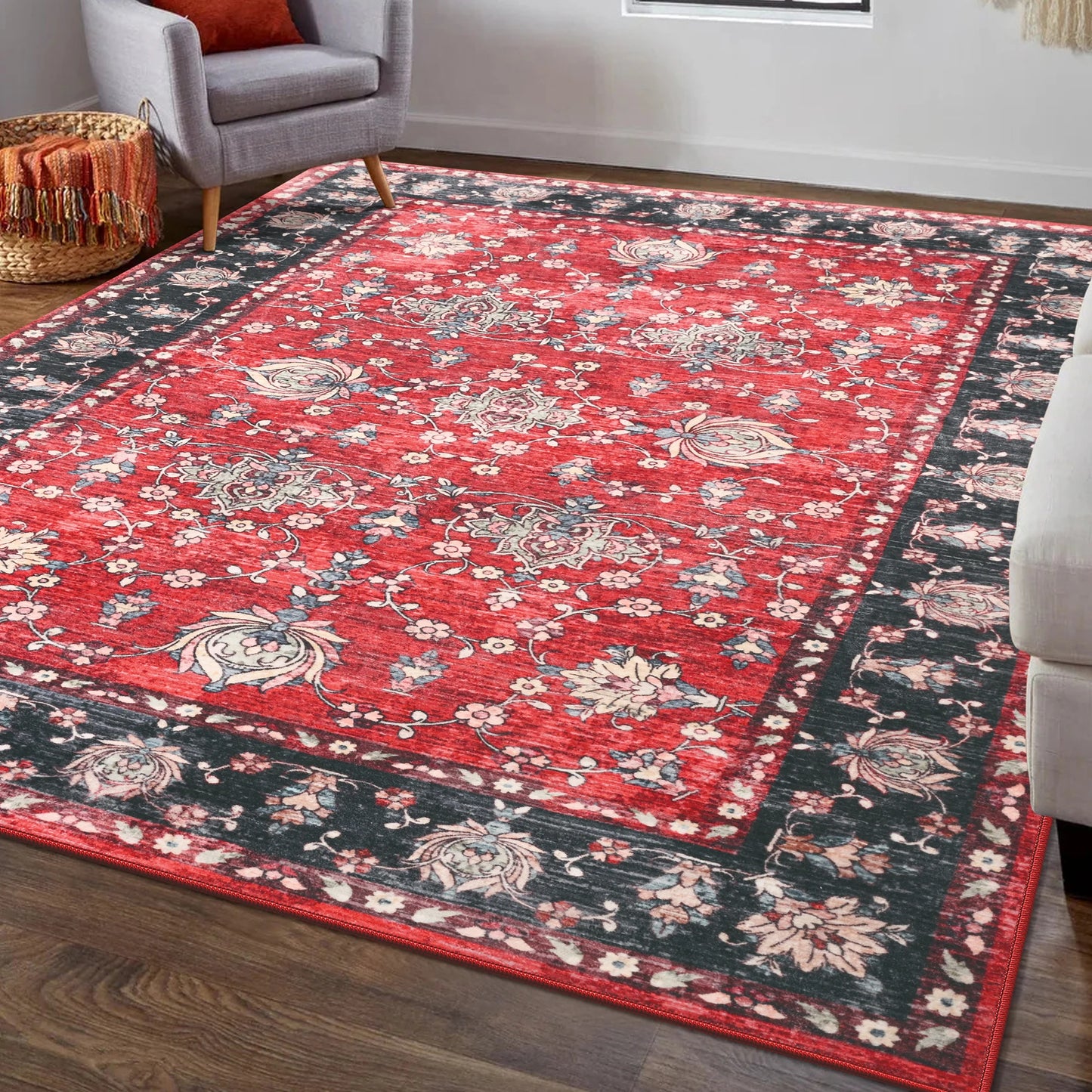 Machine Washable Vintage Non Slip Low Pile Area Rug
