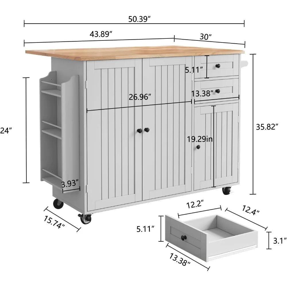 Rolling Kitchen Island with Storage and Drop-Leaf Countertop