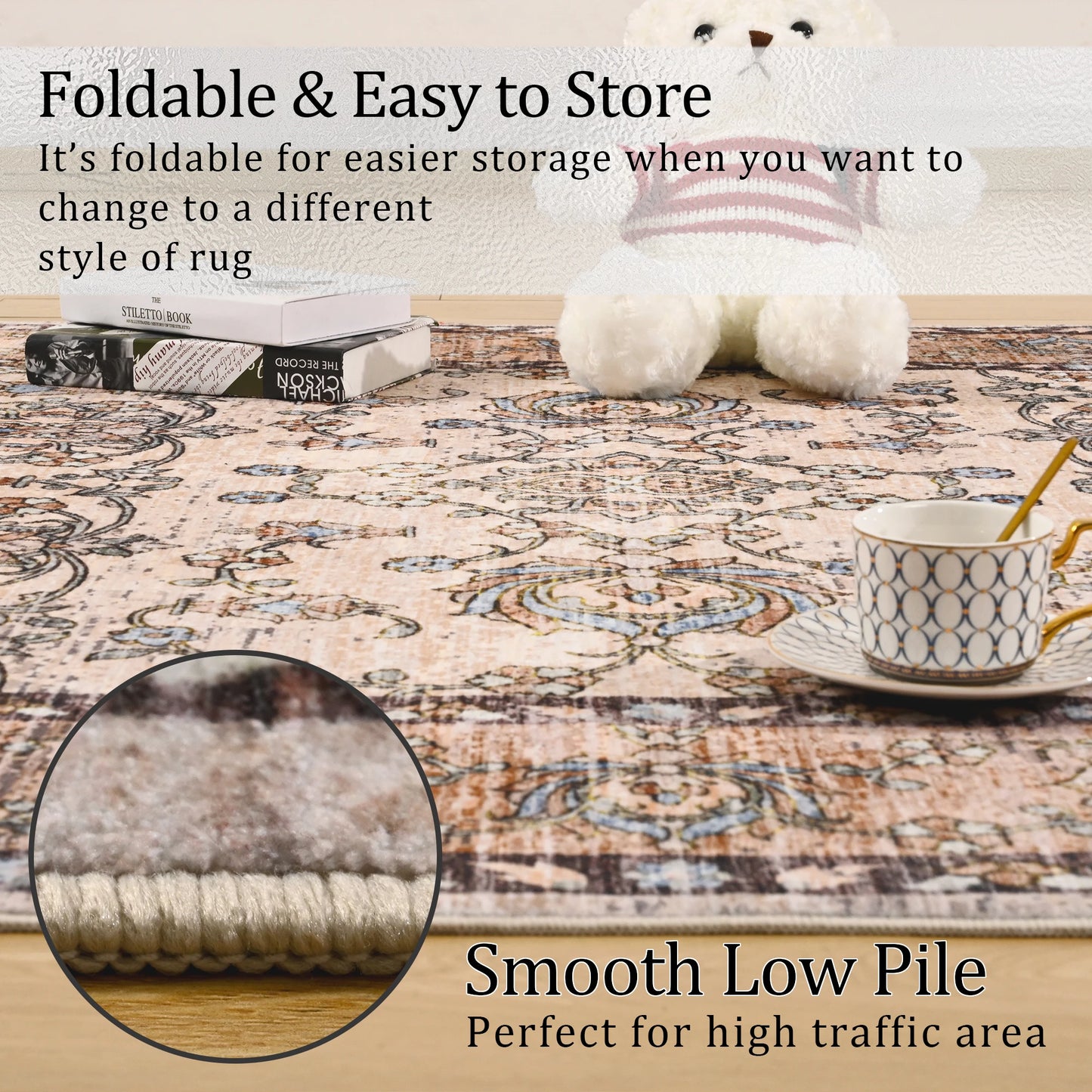 Machine Washable Vintage Non Slip Low Pile Area Rug