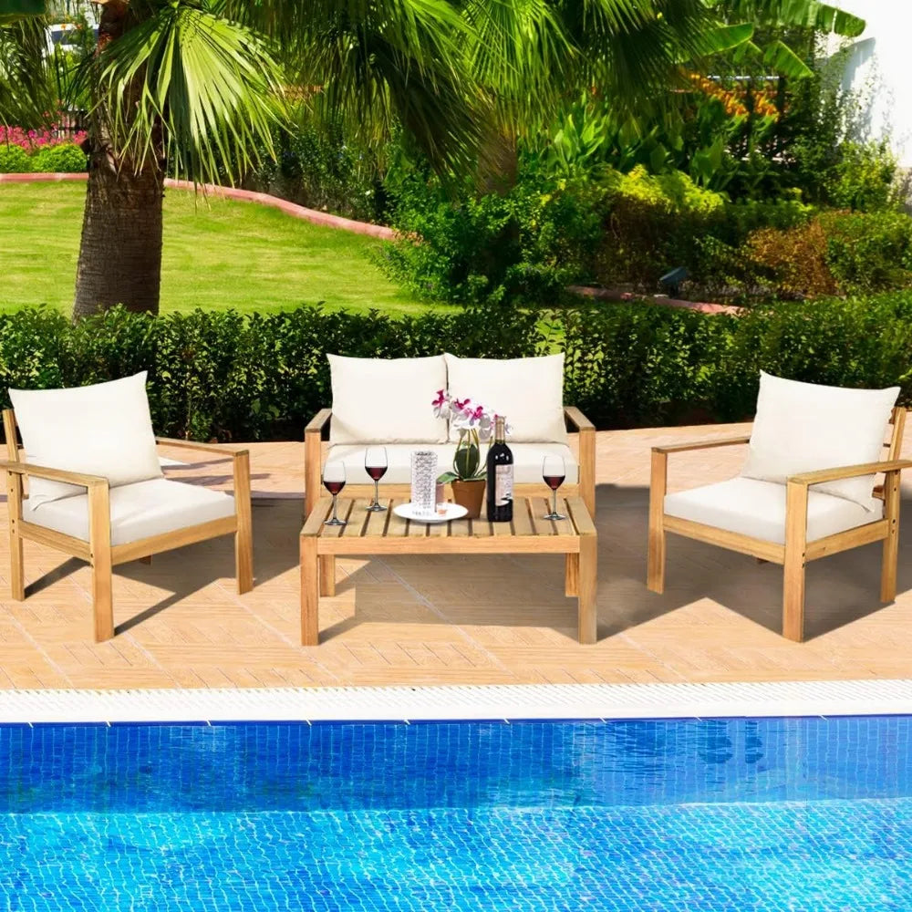 Outdoor Acacia Wood 4 Piece Deluxe Chat Set With Cushions