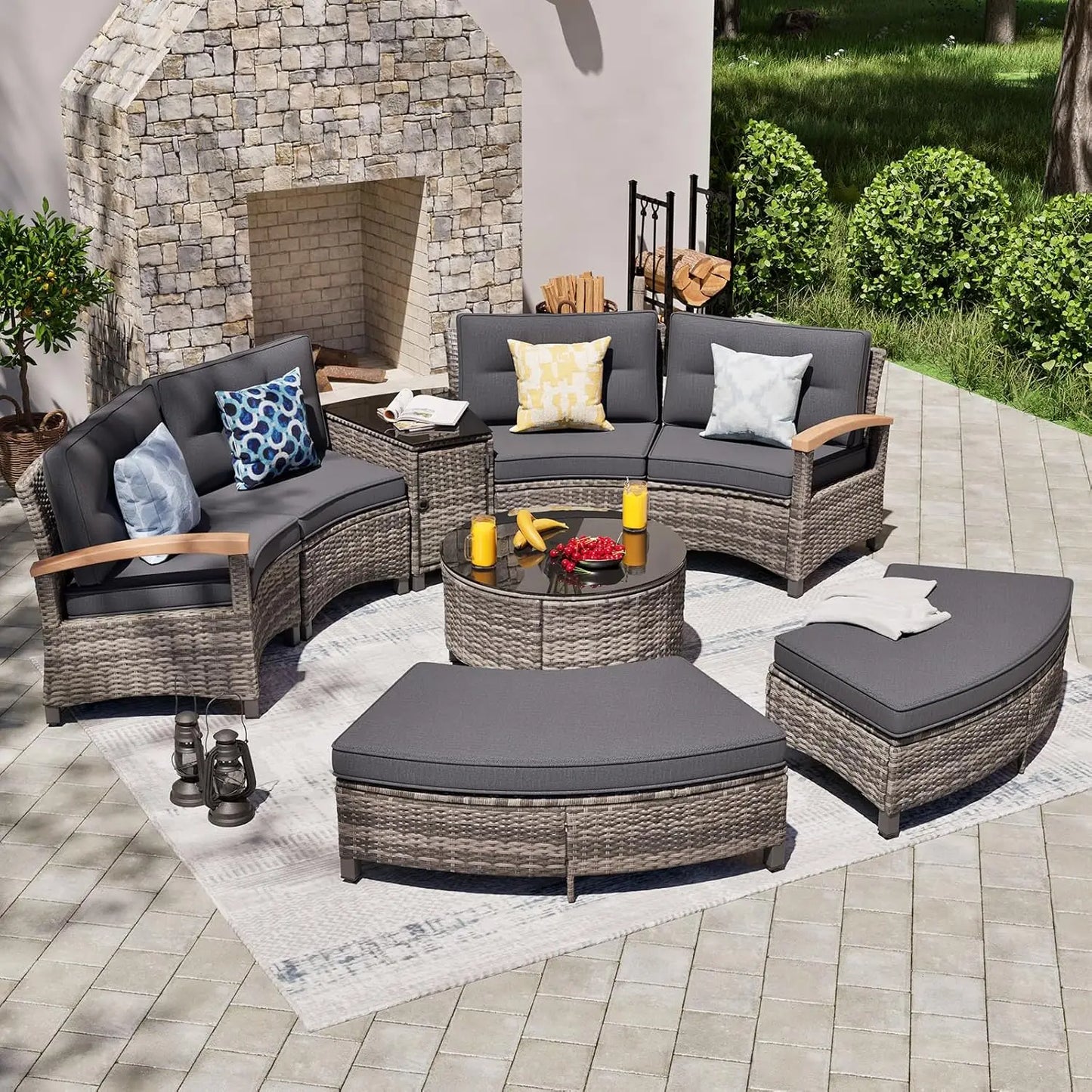 Stylish Half Moon Rattan Patio Conversation Furniture Set