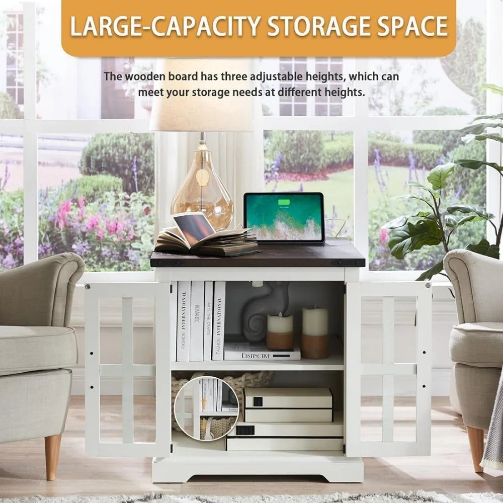 Rustic Farmhouse End Table with Charging Station and Glass Door