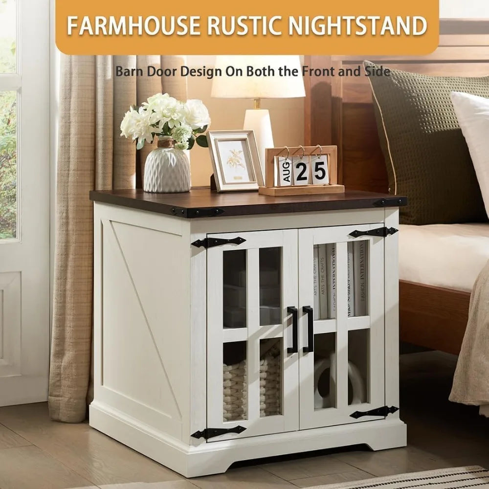 Rustic Farmhouse End Table with Charging Station and Glass Door