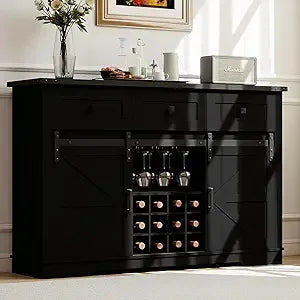 Farmhouse Buffet Sideboard With Glass Doors And Removable Wine Rack
