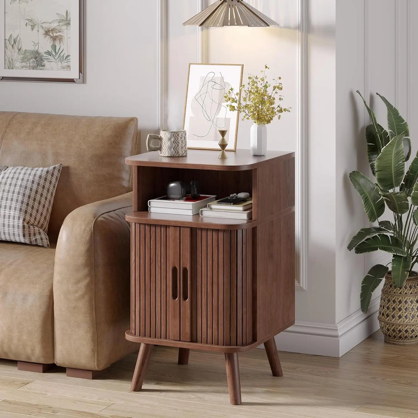 Mid Century Modern Fluted Nightstand with Sliding Tambour Doors