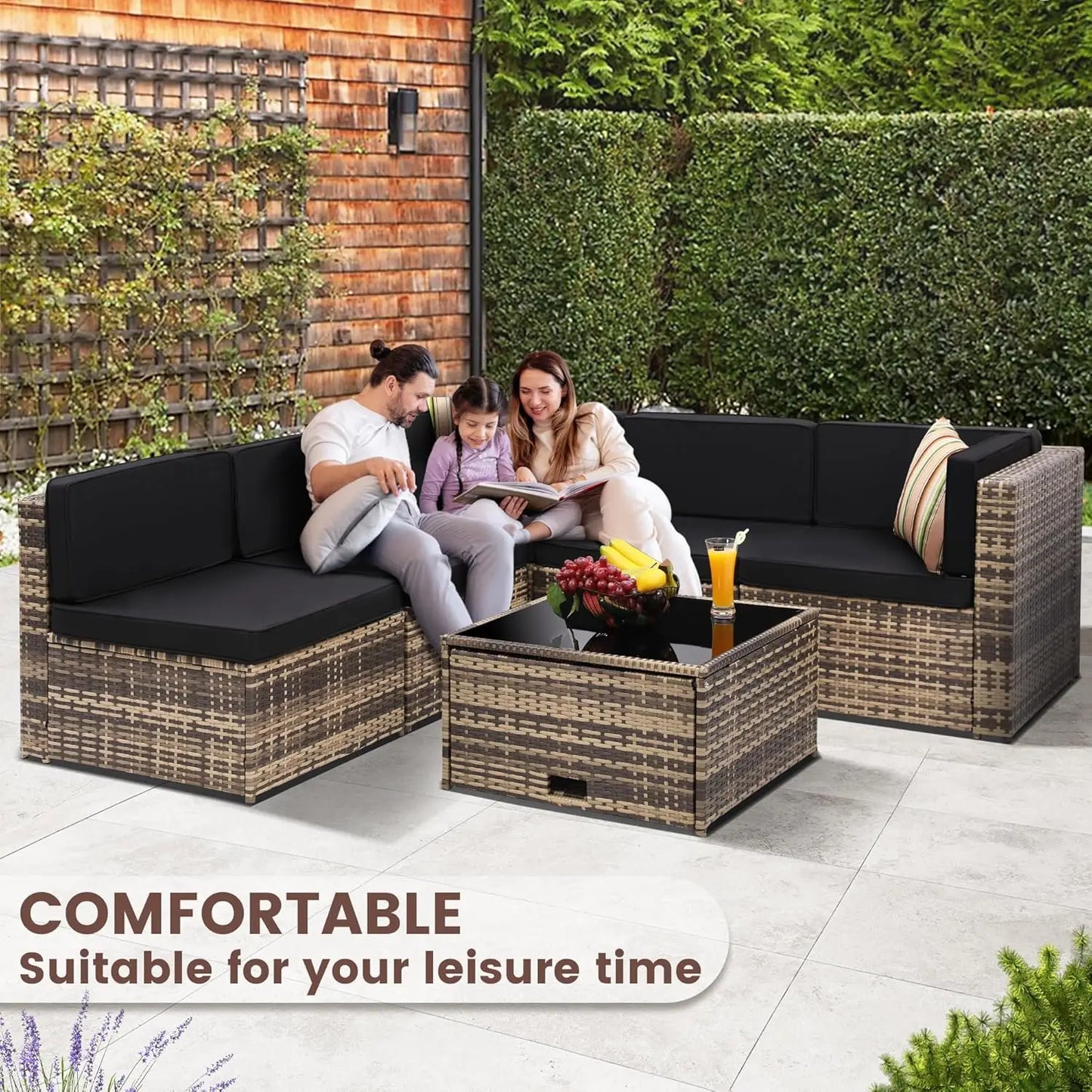 Outdoor Wicker Rattan Sectional Furniture Set with Glass Table
