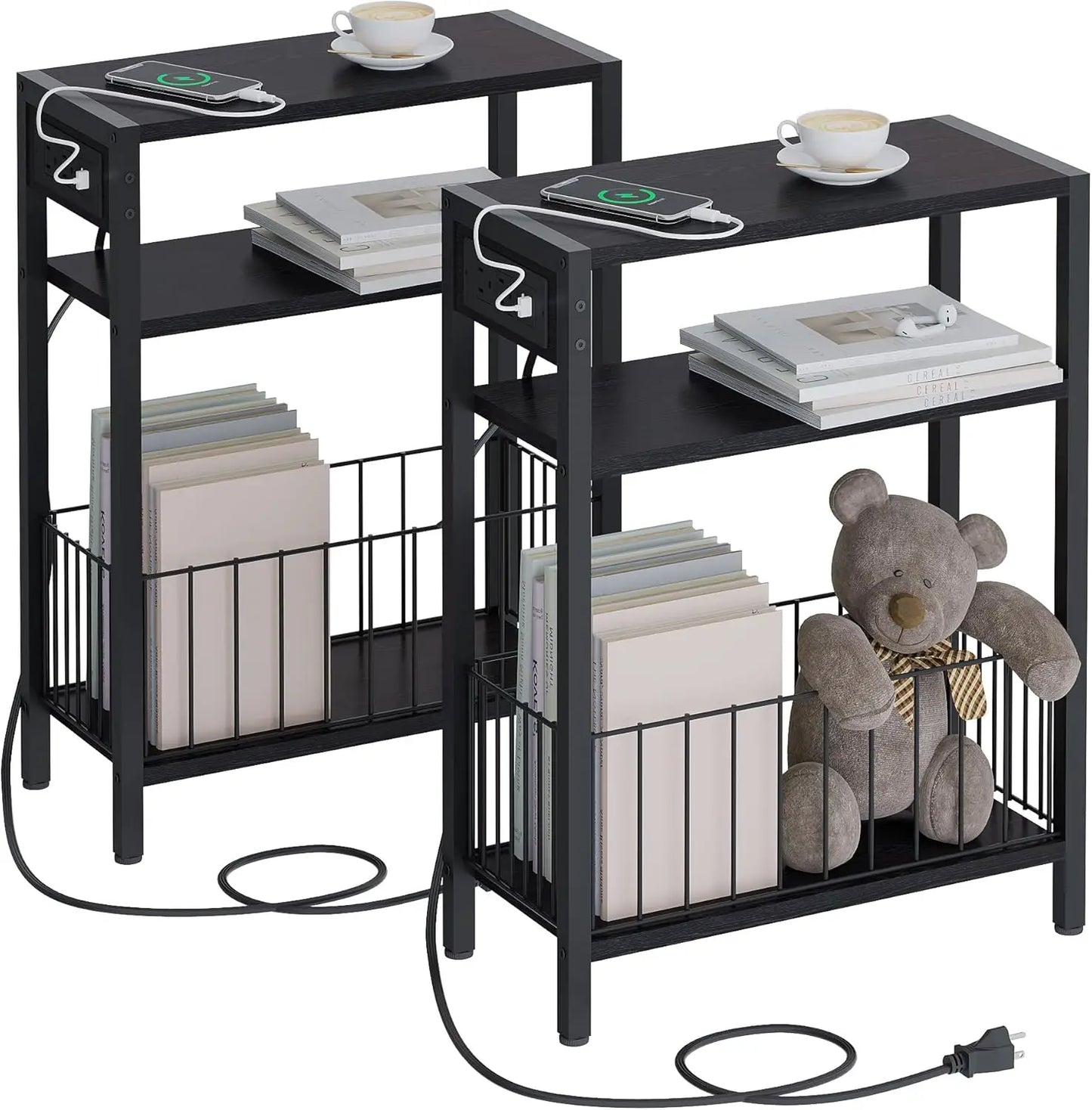 Narrow Side Table Set with Charging Station and Storage Basket