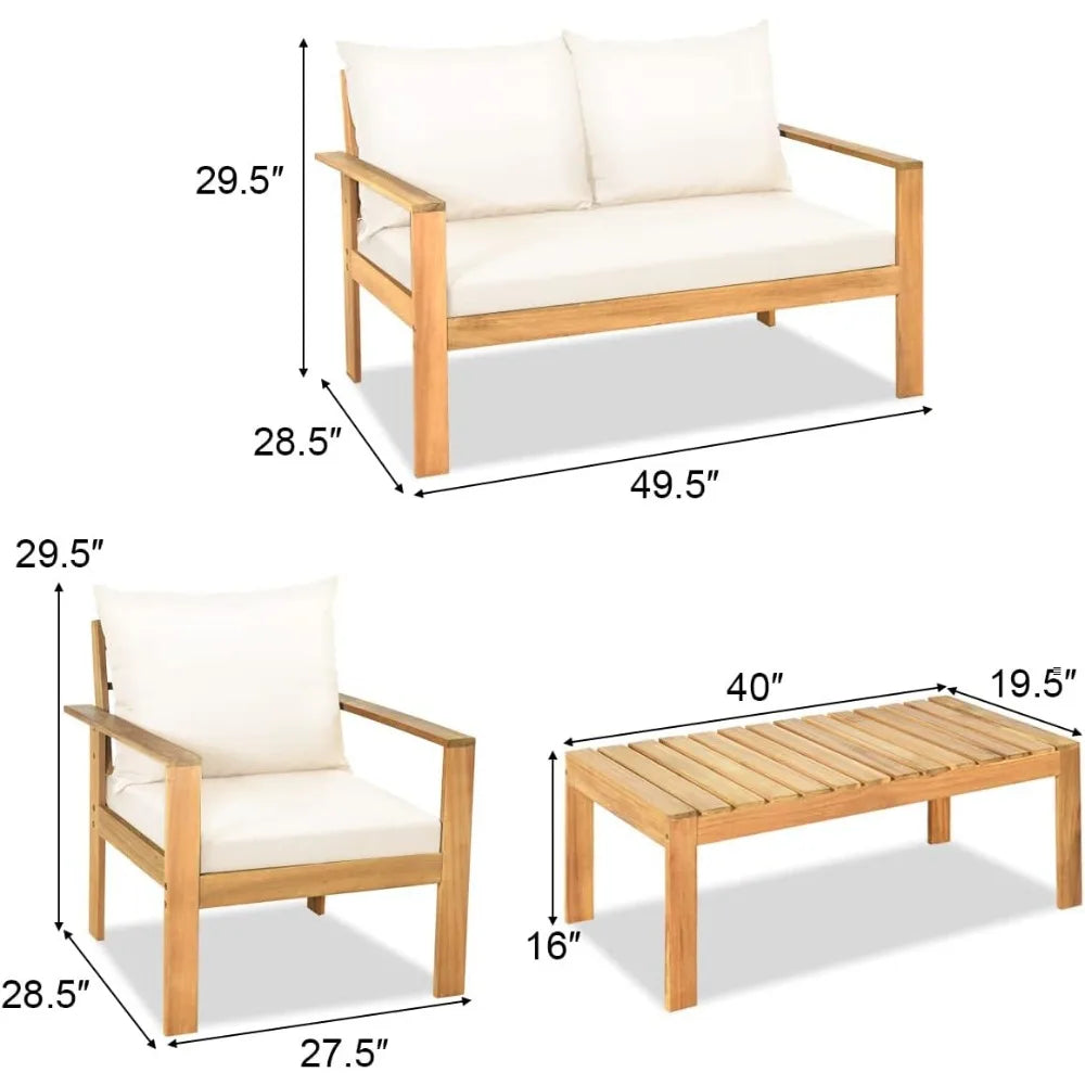 Outdoor Acacia Wood 4 Piece Deluxe Chat Set With Cushions