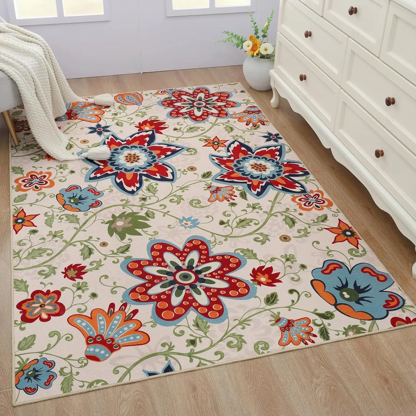 Noahas Floral Washable Non Slip Soft Stain Resistant Area Rug