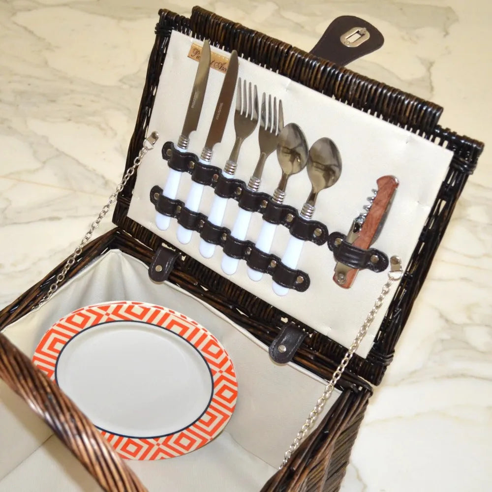 Surrey Willow Picnic Basket in Brown Wicker with Diamond Orange Design
