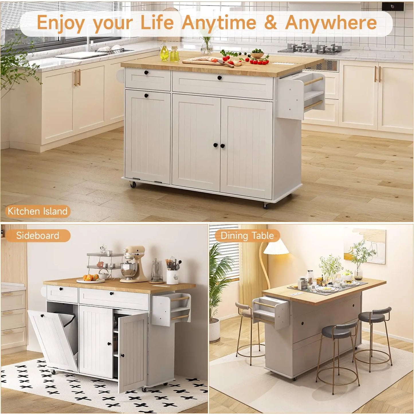 Mobile Kitchen Island With Drop Leaf Trolley And Power Outlet
