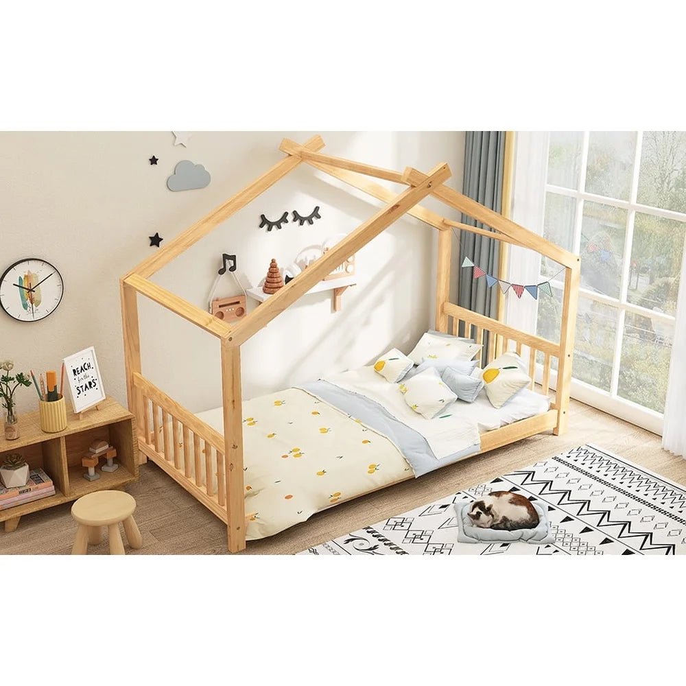 Wood House Shaped Twin Platform Bed for Kids Safe Sleeping