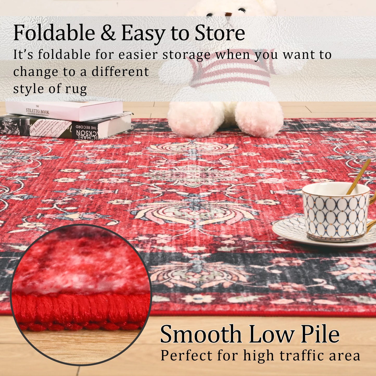 Machine Washable Vintage Non Slip Low Pile Area Rug